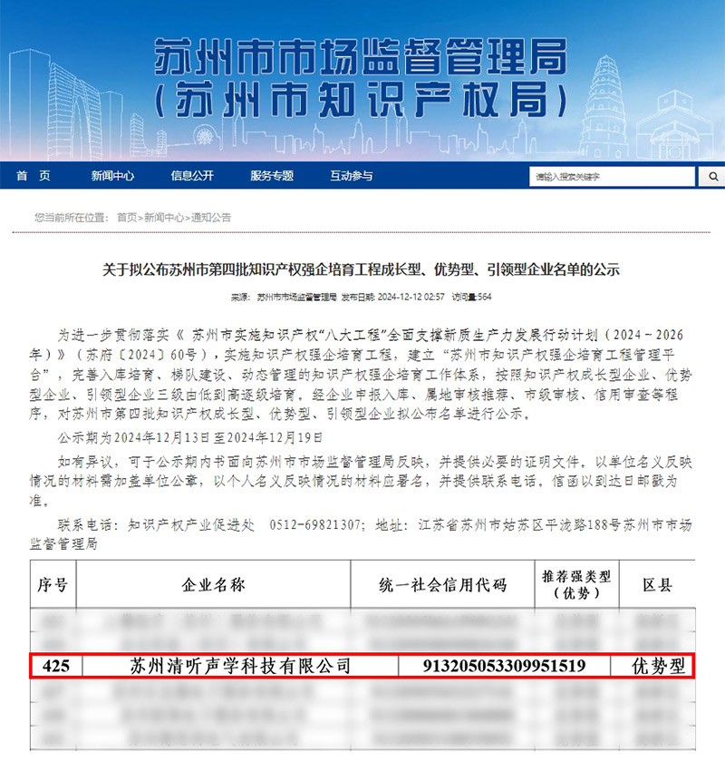 清聽聲學(xué)憑借卓越的知識(shí)產(chǎn)權(quán)管理與創(chuàng)新能力，成功入選“優(yōu)勢(shì)型企業(yè)”。